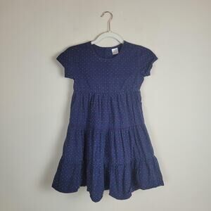Hanna Andersson Dress Girls 6-7 Blue Twirl Tiered Short Sleeve Cotton Dots Print